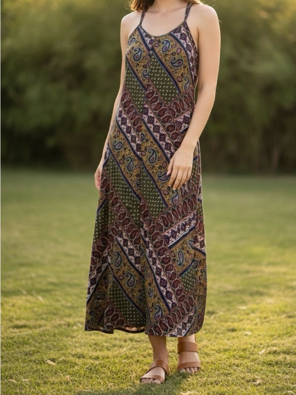 Hayden LA Boho Paisley Strappy Maxi Dress in Olive and Burgundy Small